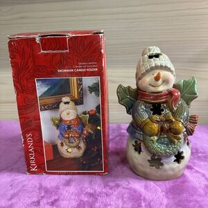 Kirklands Glazed Ceramic Snowman Candle Holder Christmas Holiday Decor